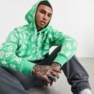 NIKE Hoodie Sport Essentials Fleece All Over Logo Green White Mens M Retro 90s